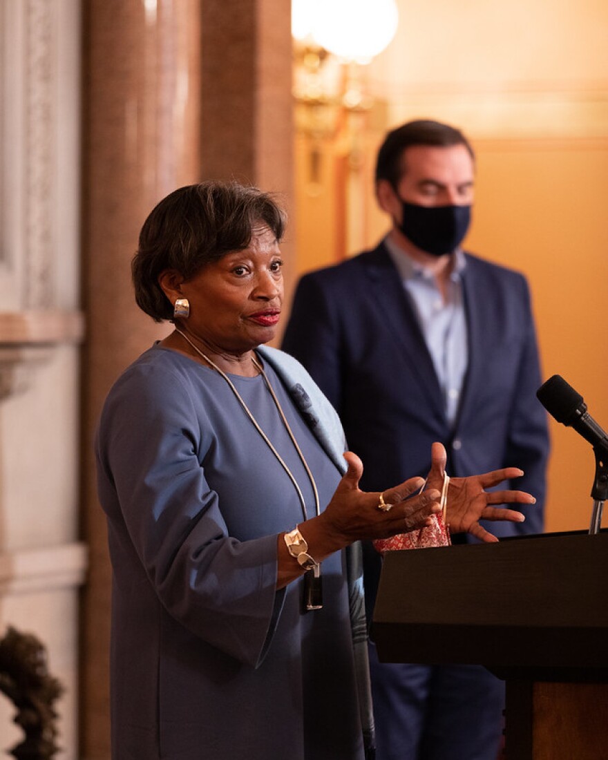 NYS Senate Leader Andrea Stewart-Cousins announces that her party has gained a veto proof supermajroty , after absentee ballots were counted. Senate Deputy Leader Mike Gianaris, who engineered the campaigns, is at right.&nbsp; 